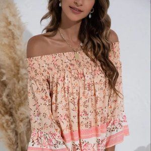 Sexy Off Shoulder Blouses, Ditsy Floral Print Flare Sleeve Casual Top S- XXL